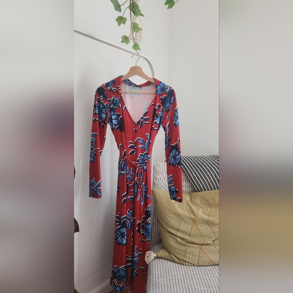 Zara Red Floral Wrap Maxi Dress EUR S Blue Hibiscus Long Sleeve
